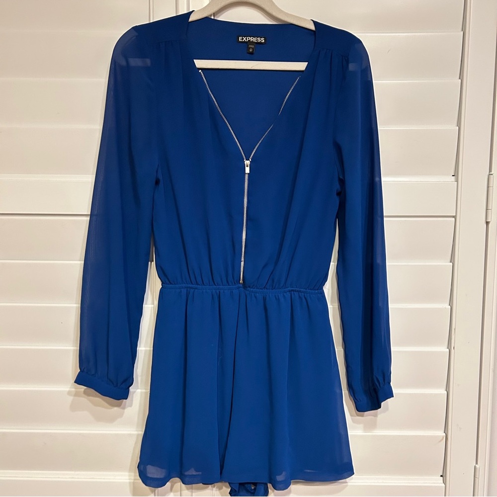 Express Zipper Front Long Sleeved Romper Blue Size XS